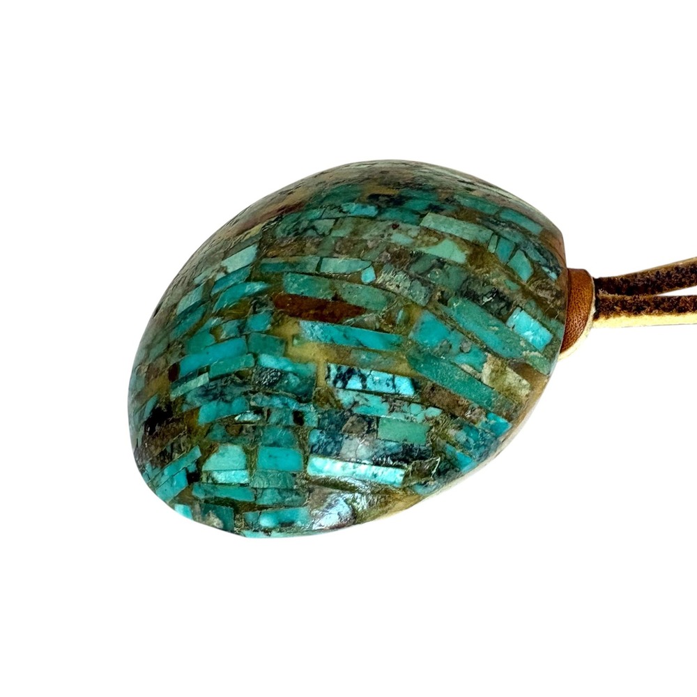 Vintage Santo Domingo Turquoise Mosaic Inlay Shell Pendant Southwestern Necklace - Picture 6 of 8